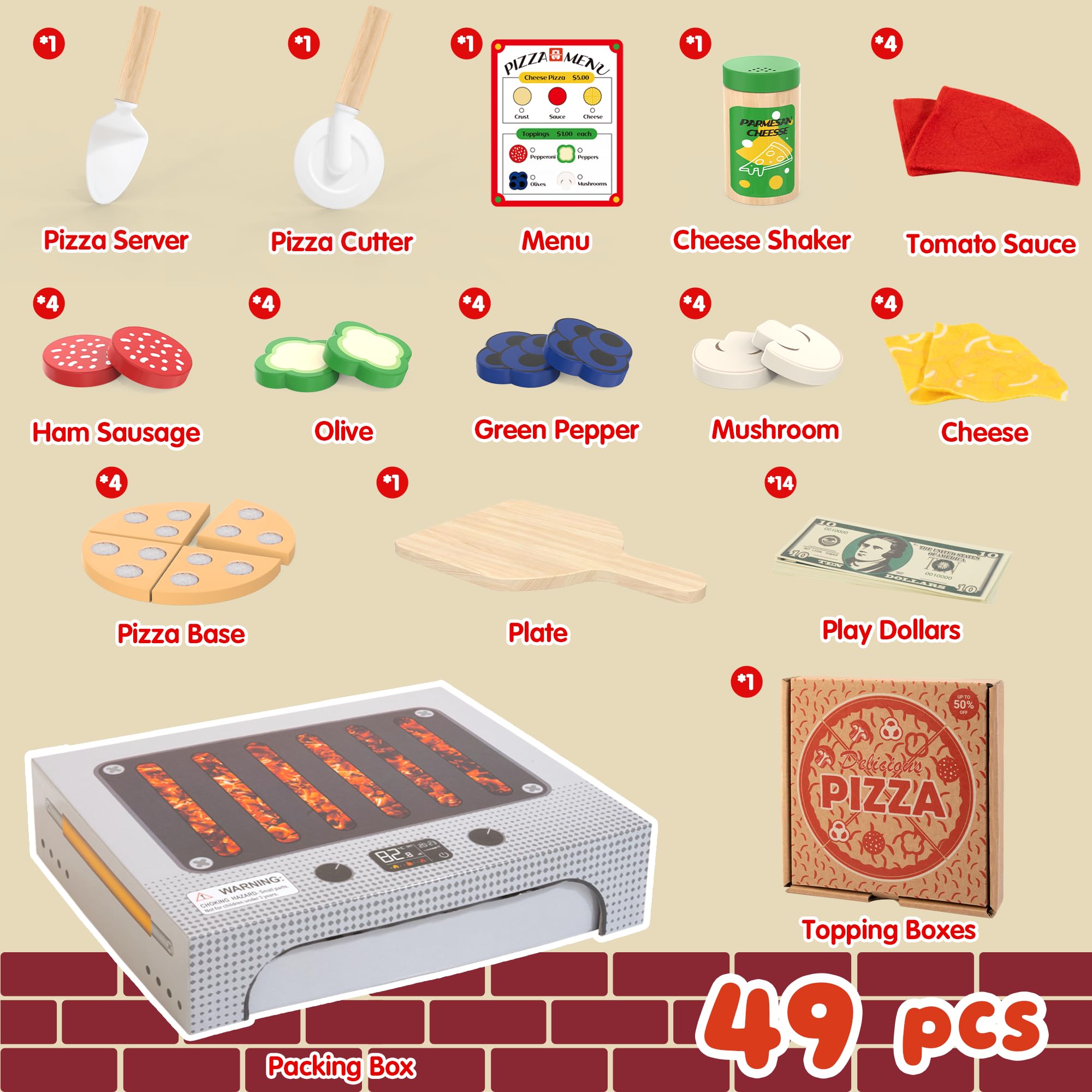 WOODMAM illustrated pizza menu with prices; introduces basic math during play