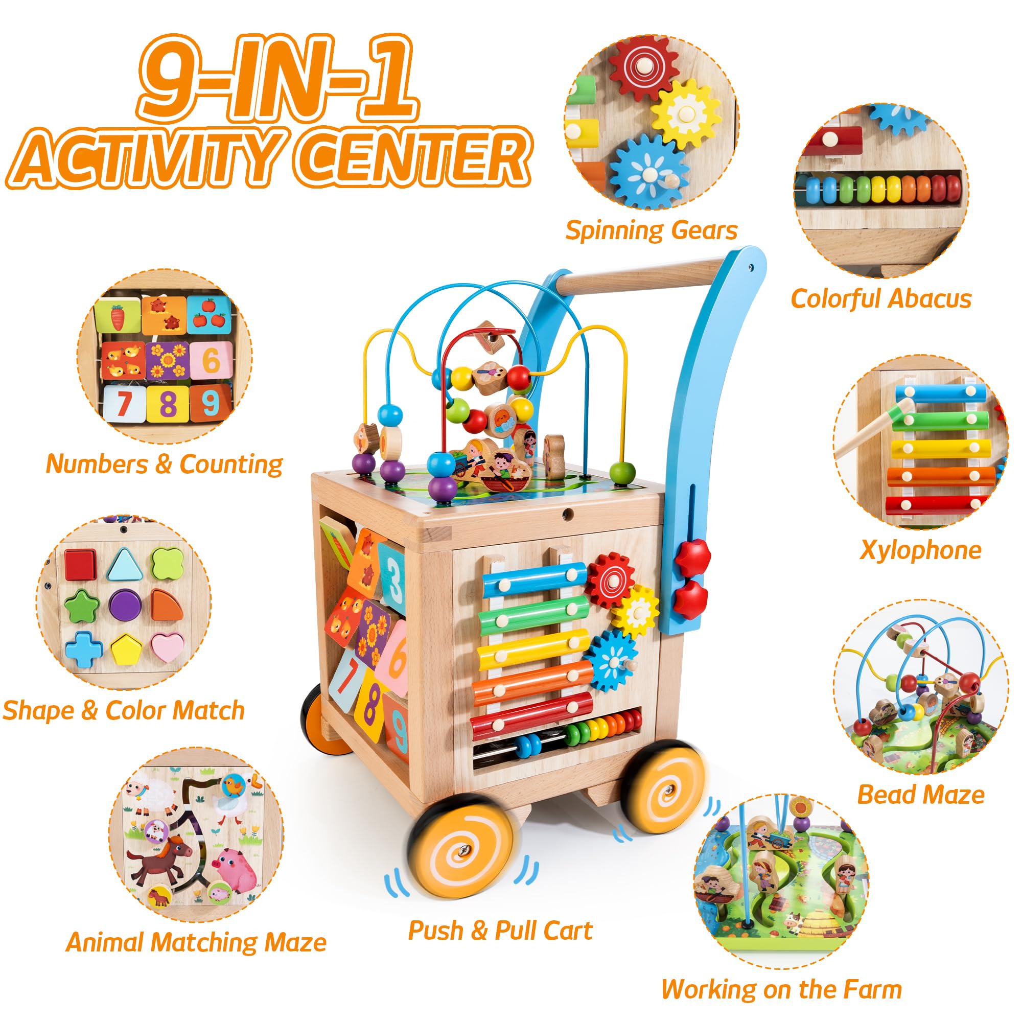Woodmam push walker with wheels facilitates confident toddling and balanced steps.