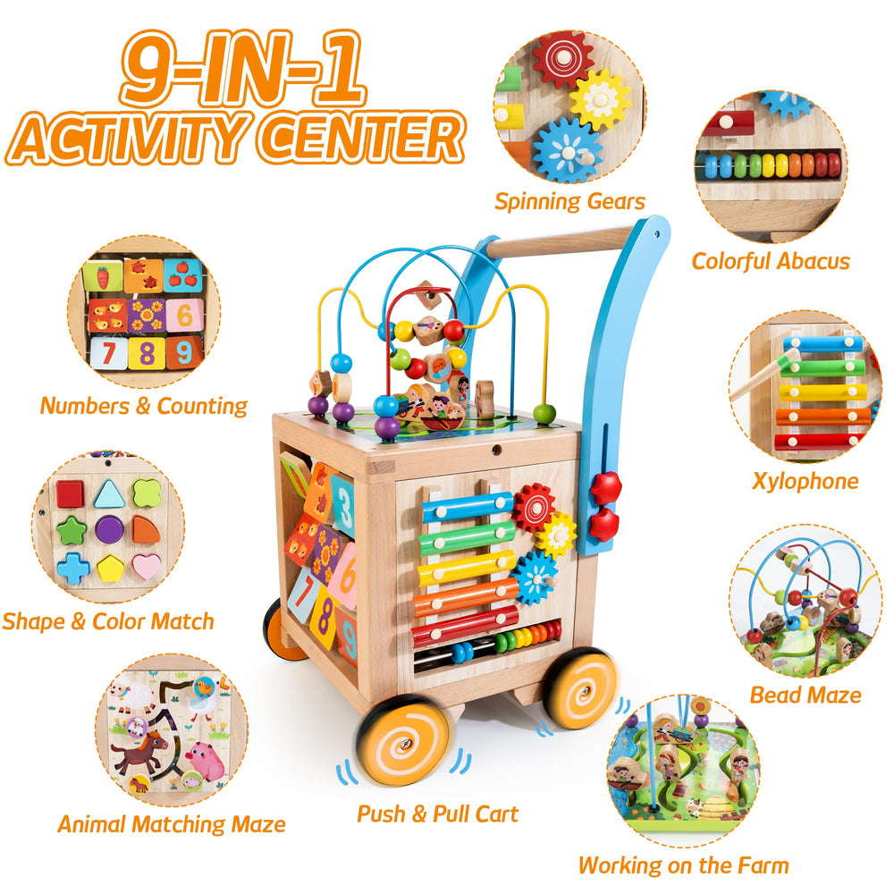 Woodmam push walker with wheels facilitates confident toddling and balanced steps.