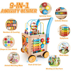 Woodmam push walker with wheels facilitates confident toddling and balanced steps.