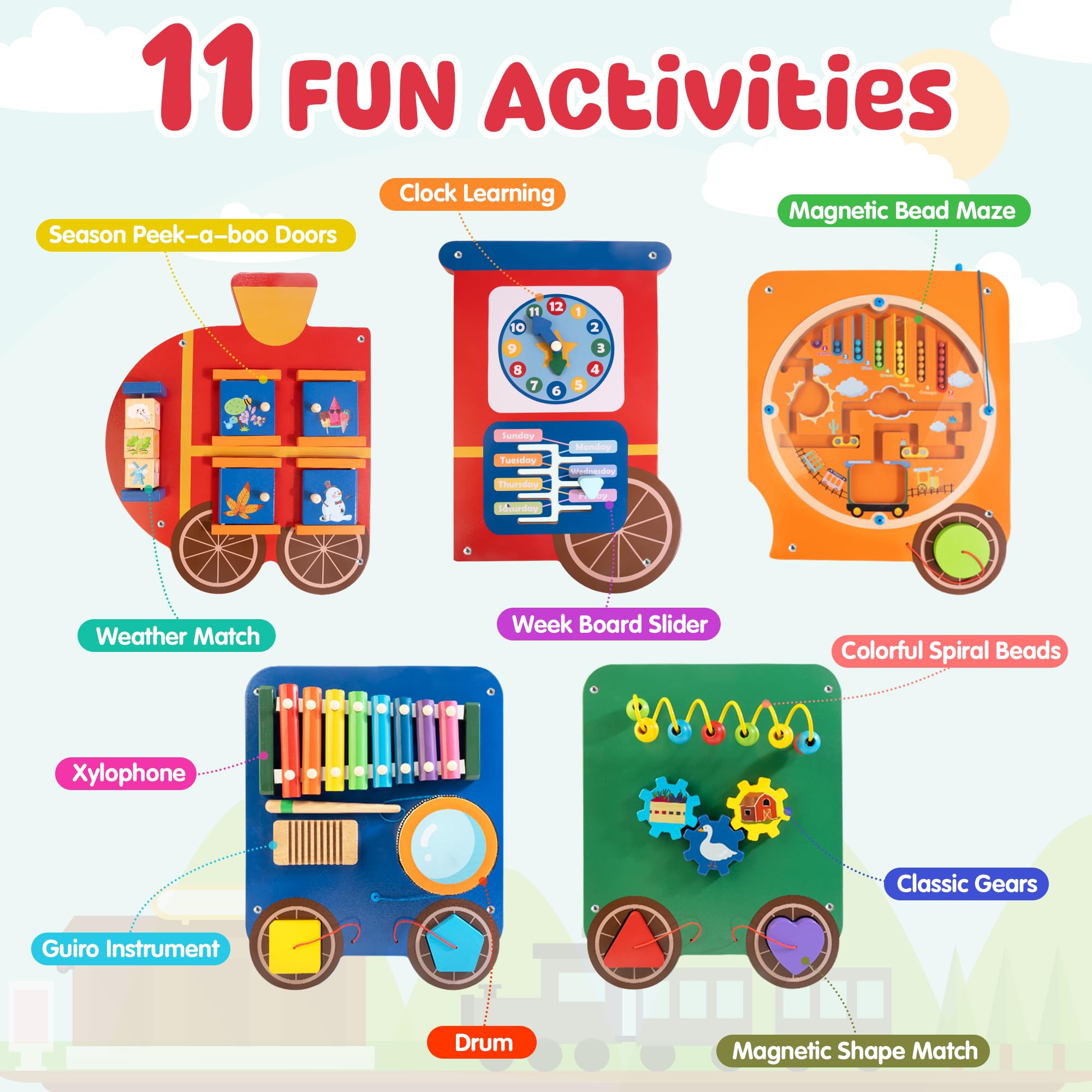 Woodmam sensory wall panel for color and shape recognition inspires curious toddlers.
