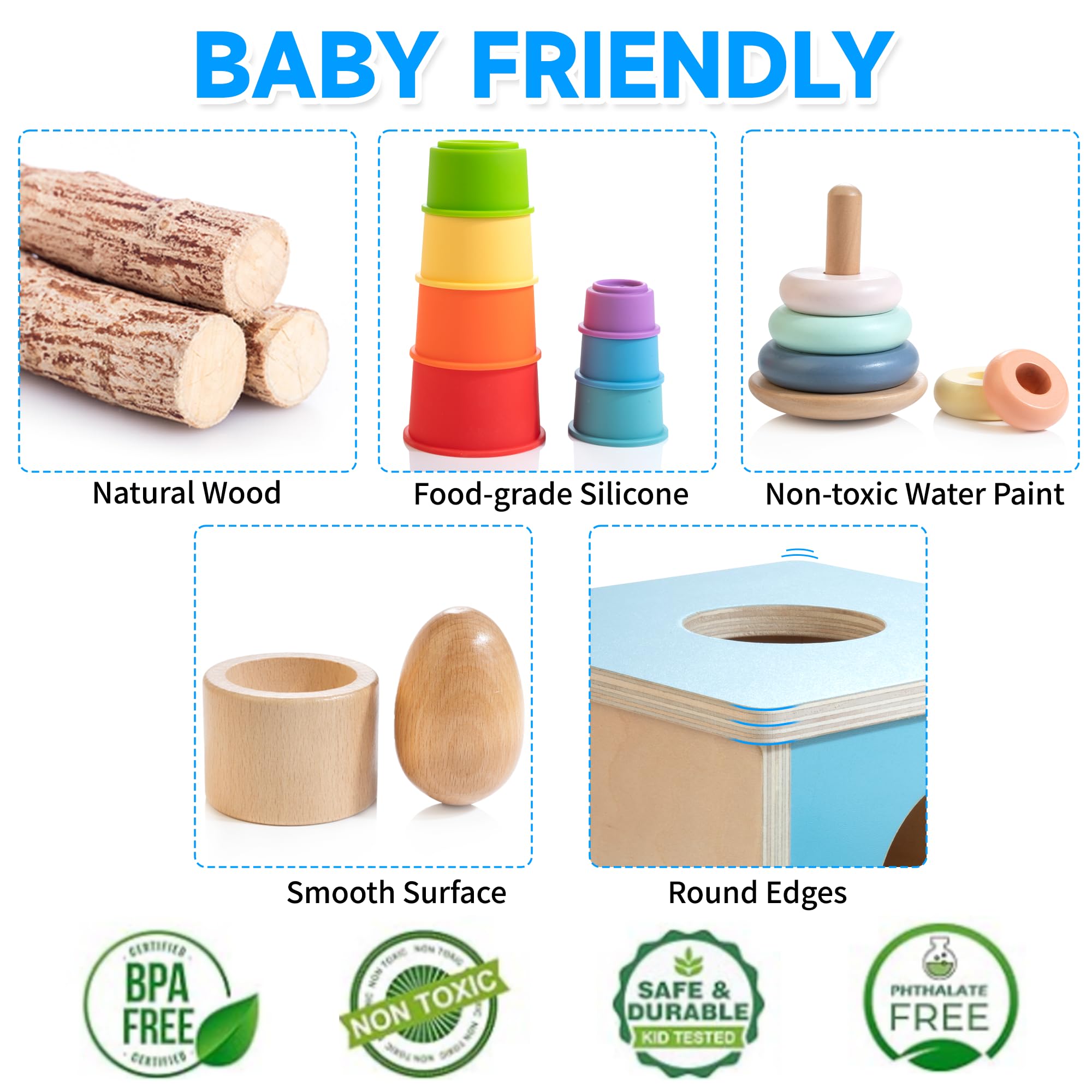 WOODMAM natural wood toys with non-toxic finish promote safe sensory exploration.
