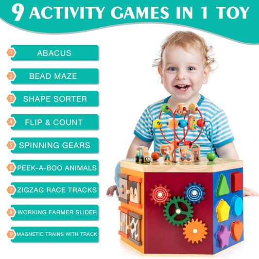 WOODMAM Shape-matching panel with abacus enhances color and shape recognition for toddlers.
