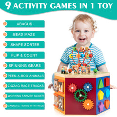 WOODMAM Shape-matching panel with abacus enhances color and shape recognition for toddlers.