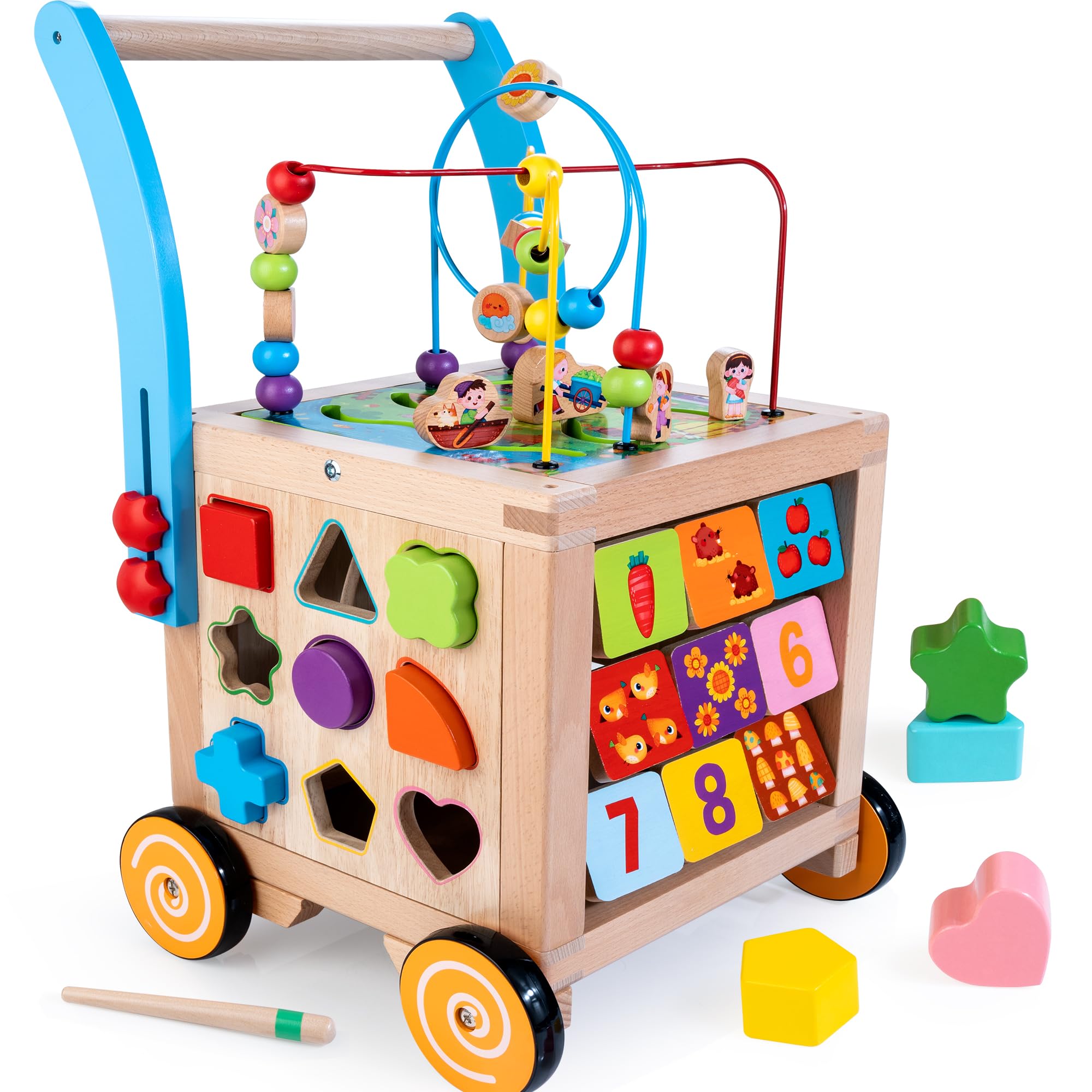 Woodmam wooden baby walker 9-in-1 activity cube supports early exploration and motor skills.