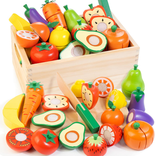 WOODMAM wooden fruits and vegetables cutting set for toddler pretend cooking.