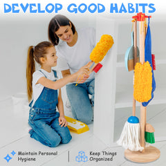 WoodMam wooden duster invites sensory-rich cleanup pretend play