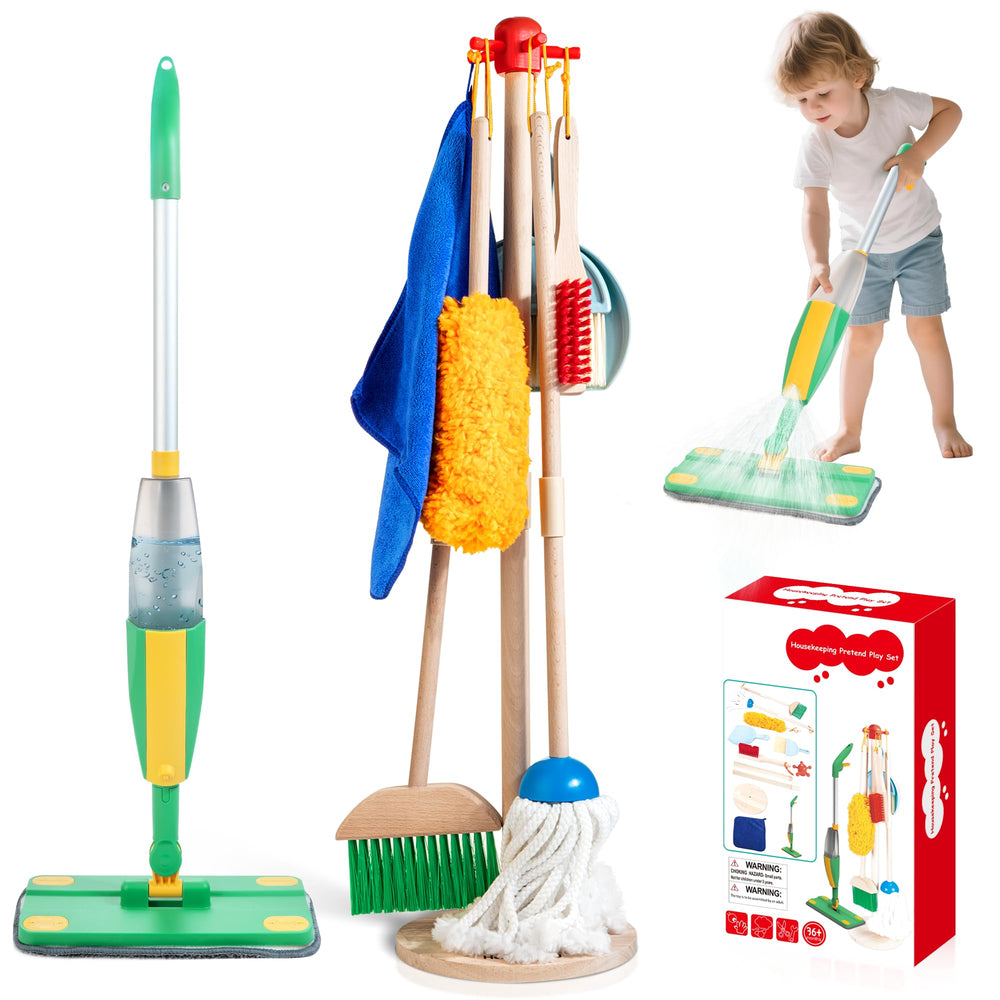 WOODMAM wooden kids cleaning set with spray mop for pretend play and real spray action