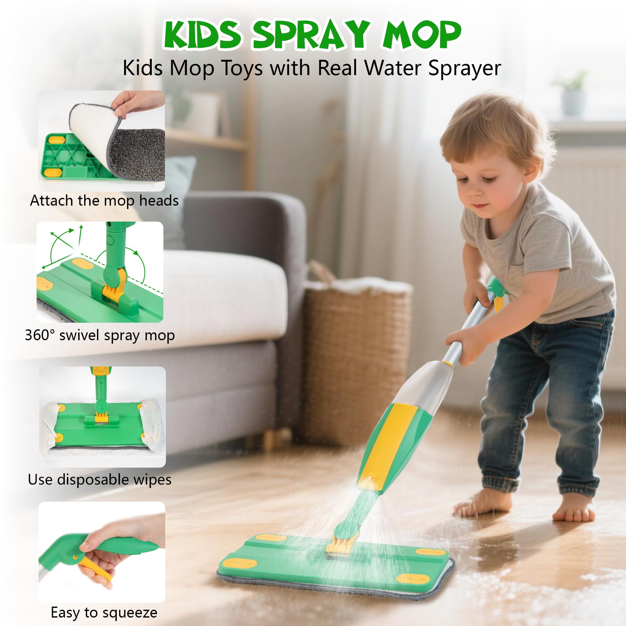 WOODMAM wooden mop from cleaning set designed for safe, battery-free play