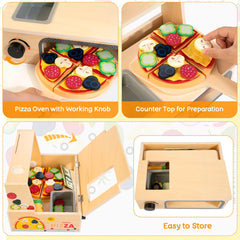 WOODMAM pizza set includes menu and money for pretend orders.