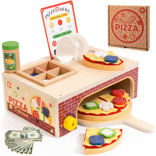 WOODMAM wooden pizza toy oven: durable pretend cooking for imaginative play