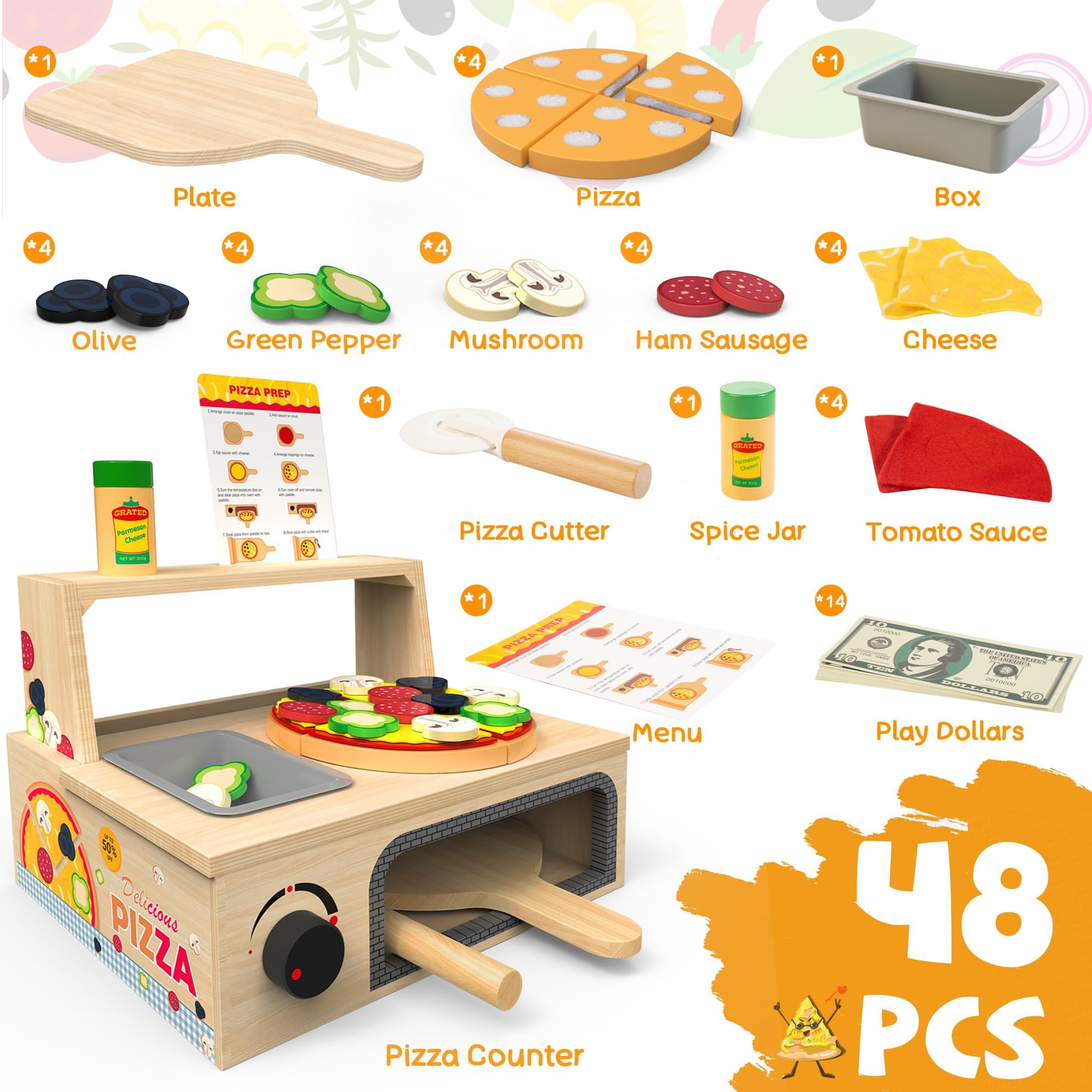 WOODMAM pizza slices attach with hook and loop for endless combos.