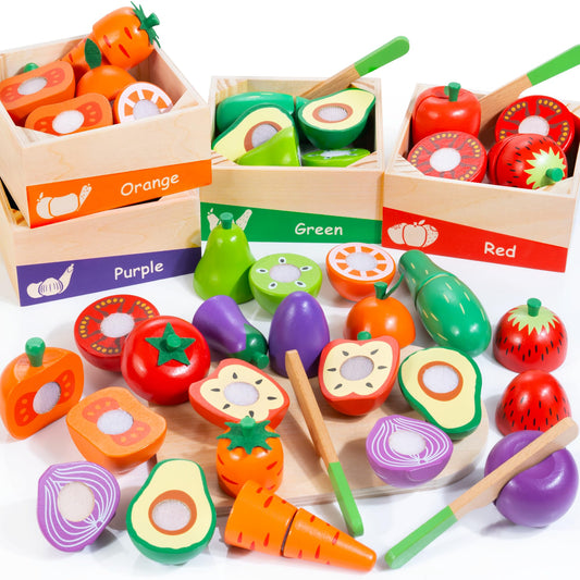 WOODMAM wooden play food with color groups aids sorting and color recognition.
