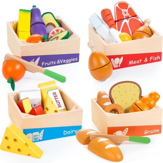 WOODMAM wooden play food set with four boxes for organized pretend play and learning