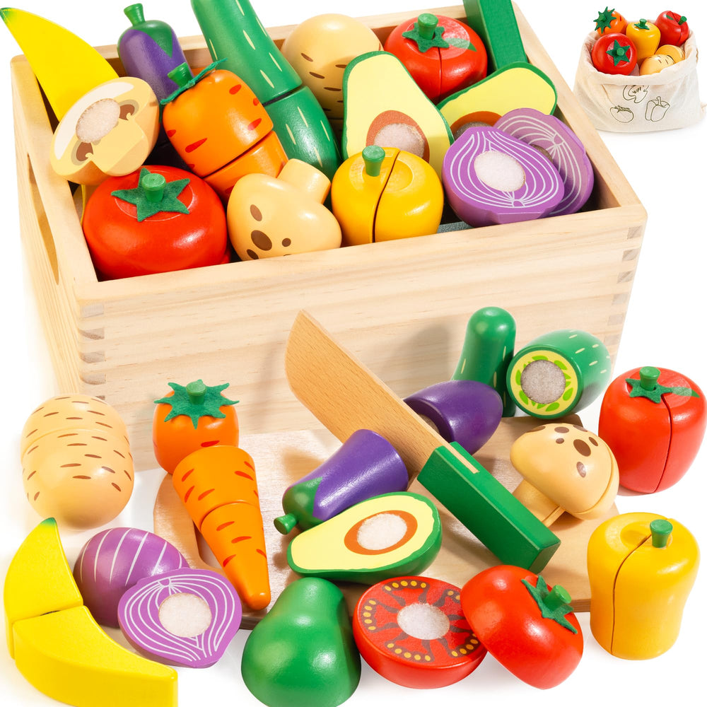 Woodmam wooden play food set with knife and cutting board for imaginative cutting play.