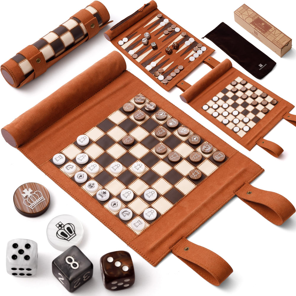 Woodronic travel roll-up leather board for on-the-go chess and games.