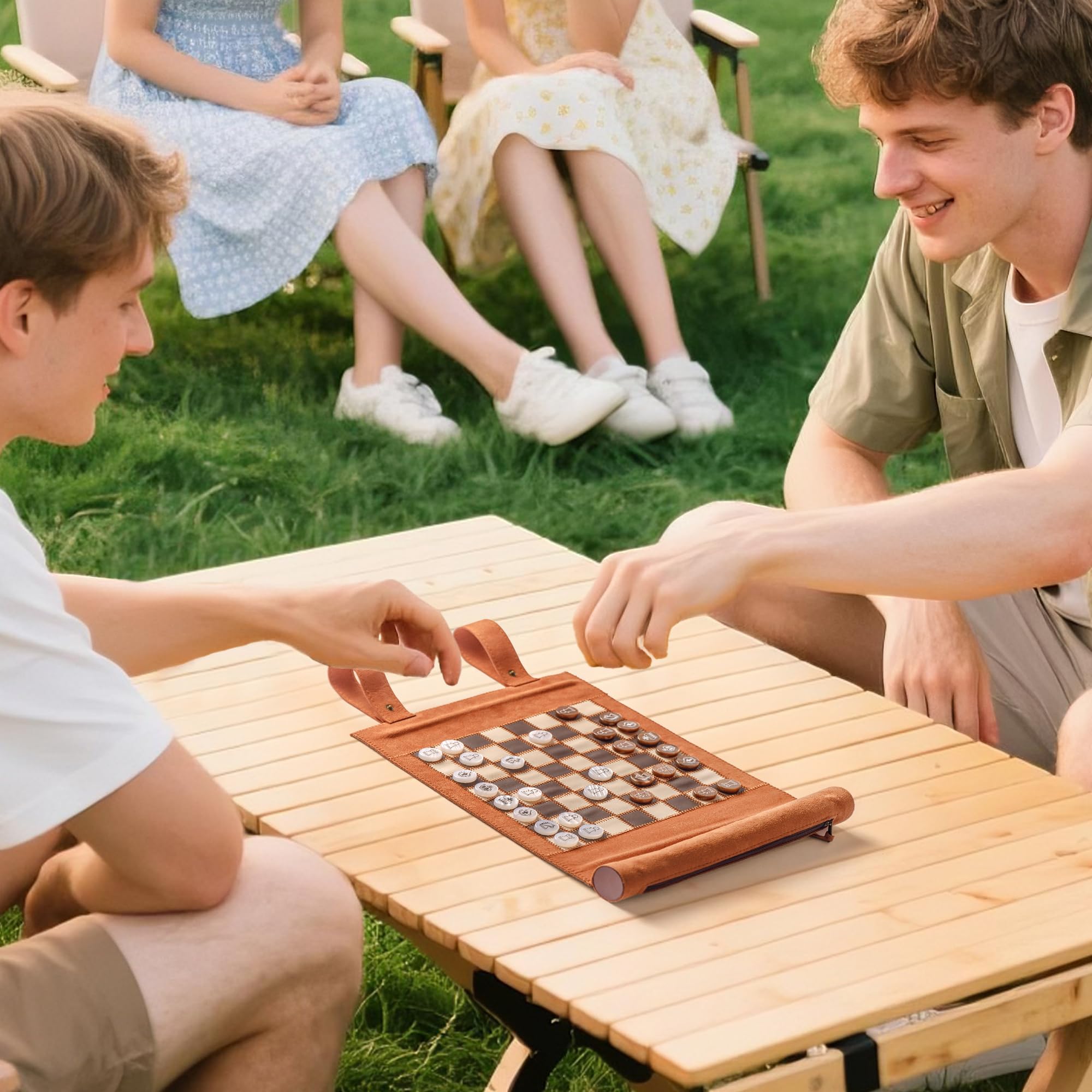 Woodronic triple-game set combines backgammon, chess, and checkers.