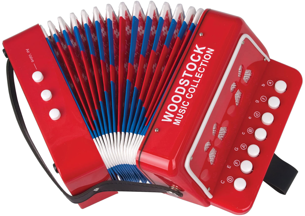 Woodstock Chimes Kid's Accordion 7in red, front view, beginner-friendly for toddlers.