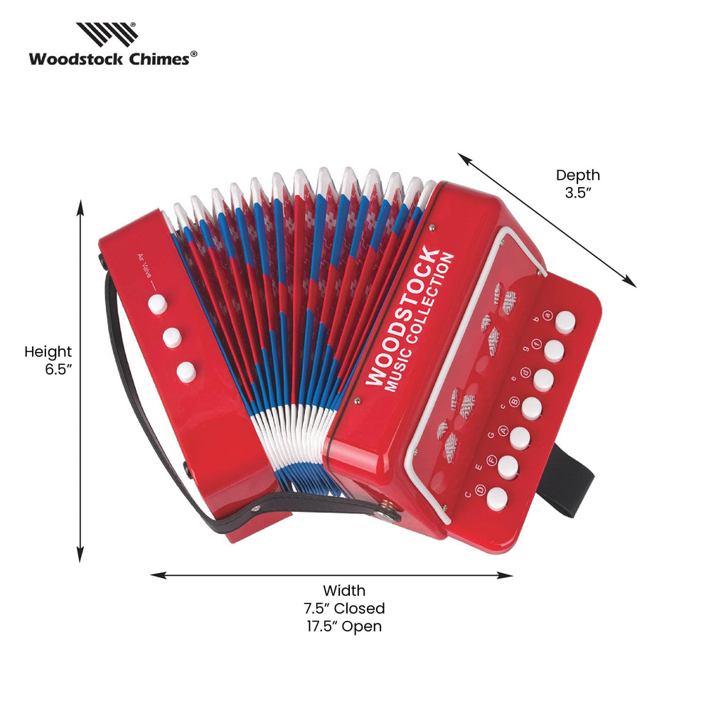 Woodstock Chimes Kid's Accordion 7in red, in gift box, ready for gifting.