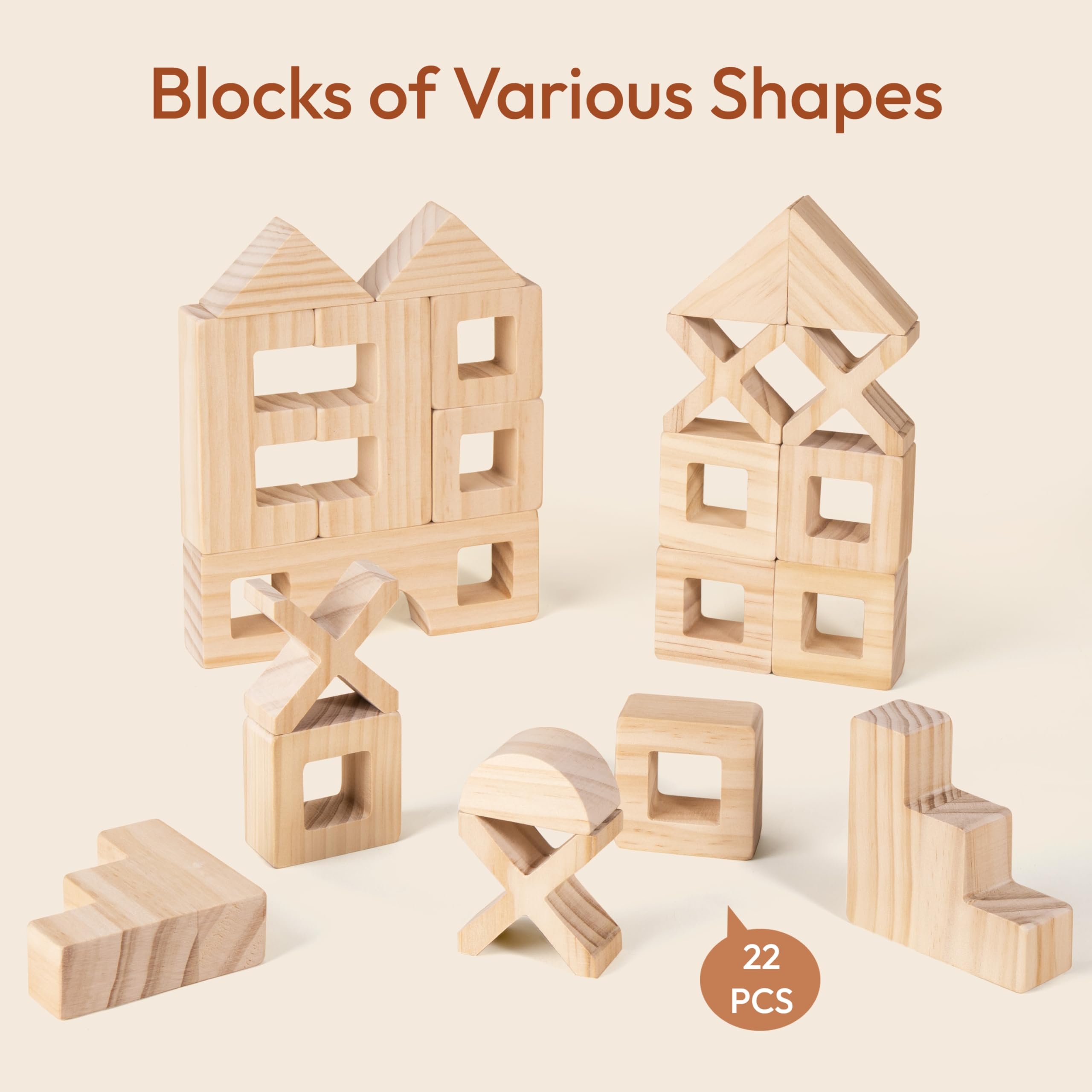 Woodtoe Natural Wooden Blocks with smooth edges for safe toddler play.