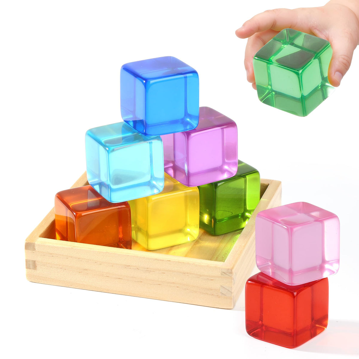 Woodtoe large rainbow acrylic blocks with 1-3 inch sides for safe toddler stacking.