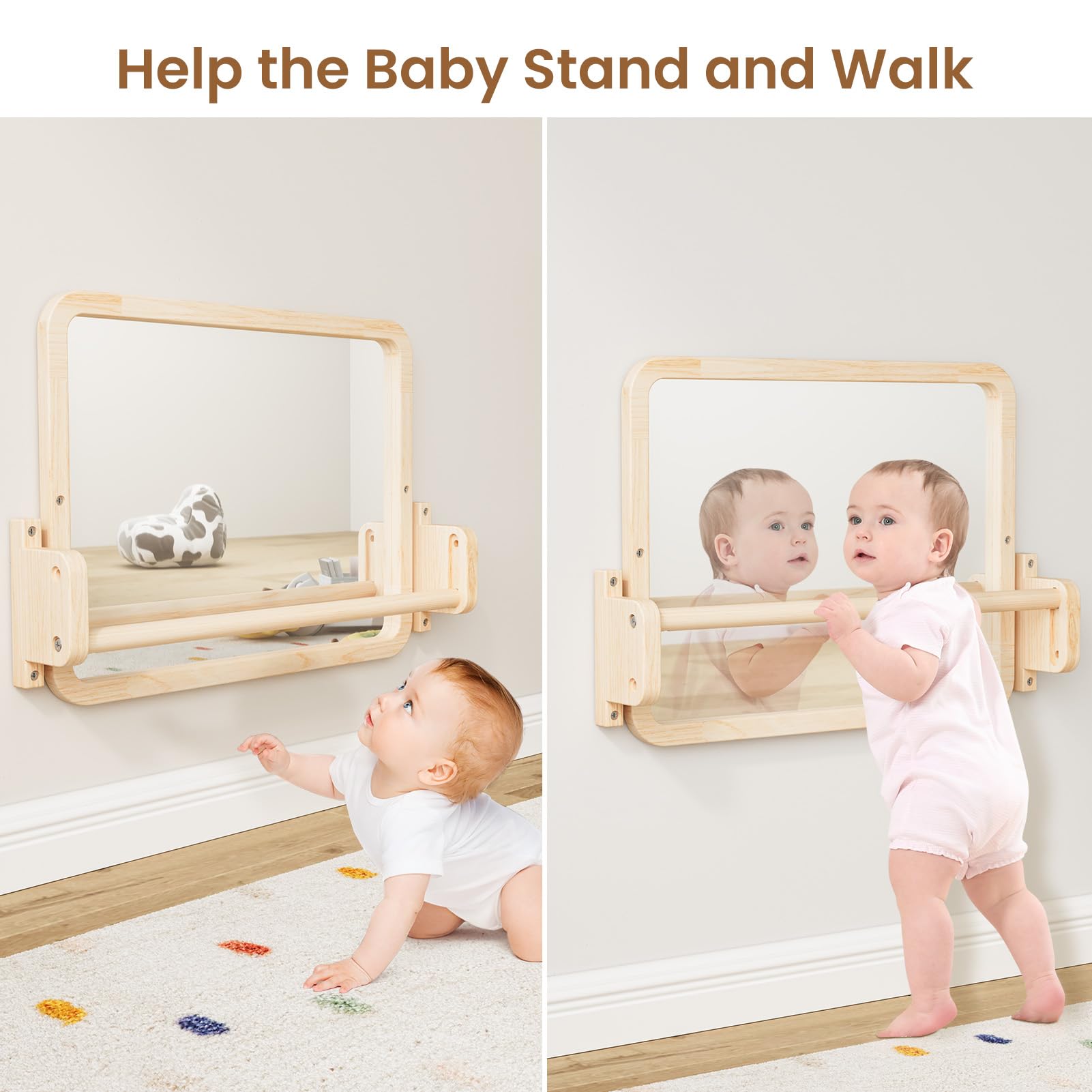 Woodtoe Montessori mirror and bar side view shows sturdy construction.