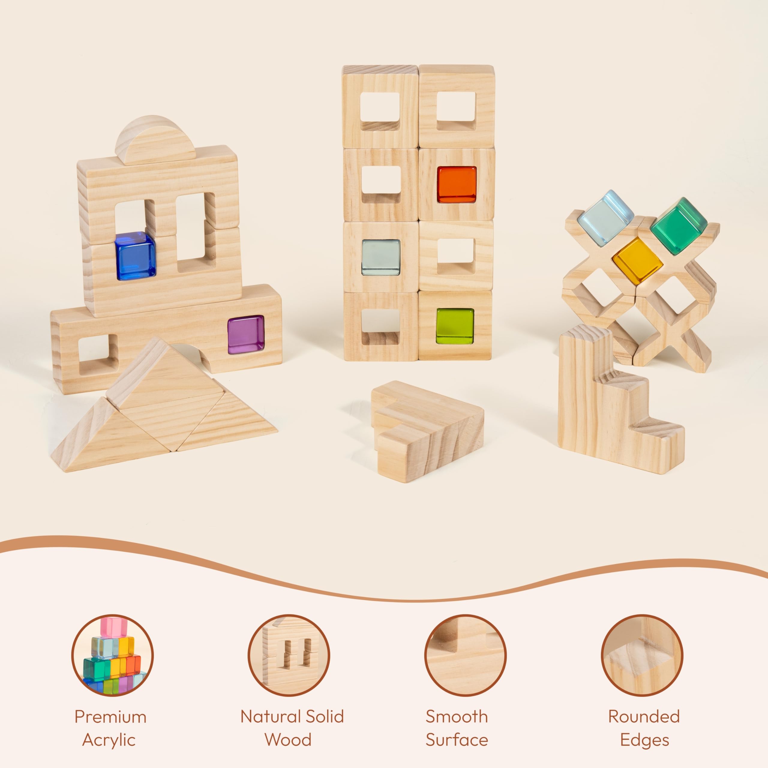 Woodtoe Montessori stacking toys to develop fine motor skills and spatial awareness.