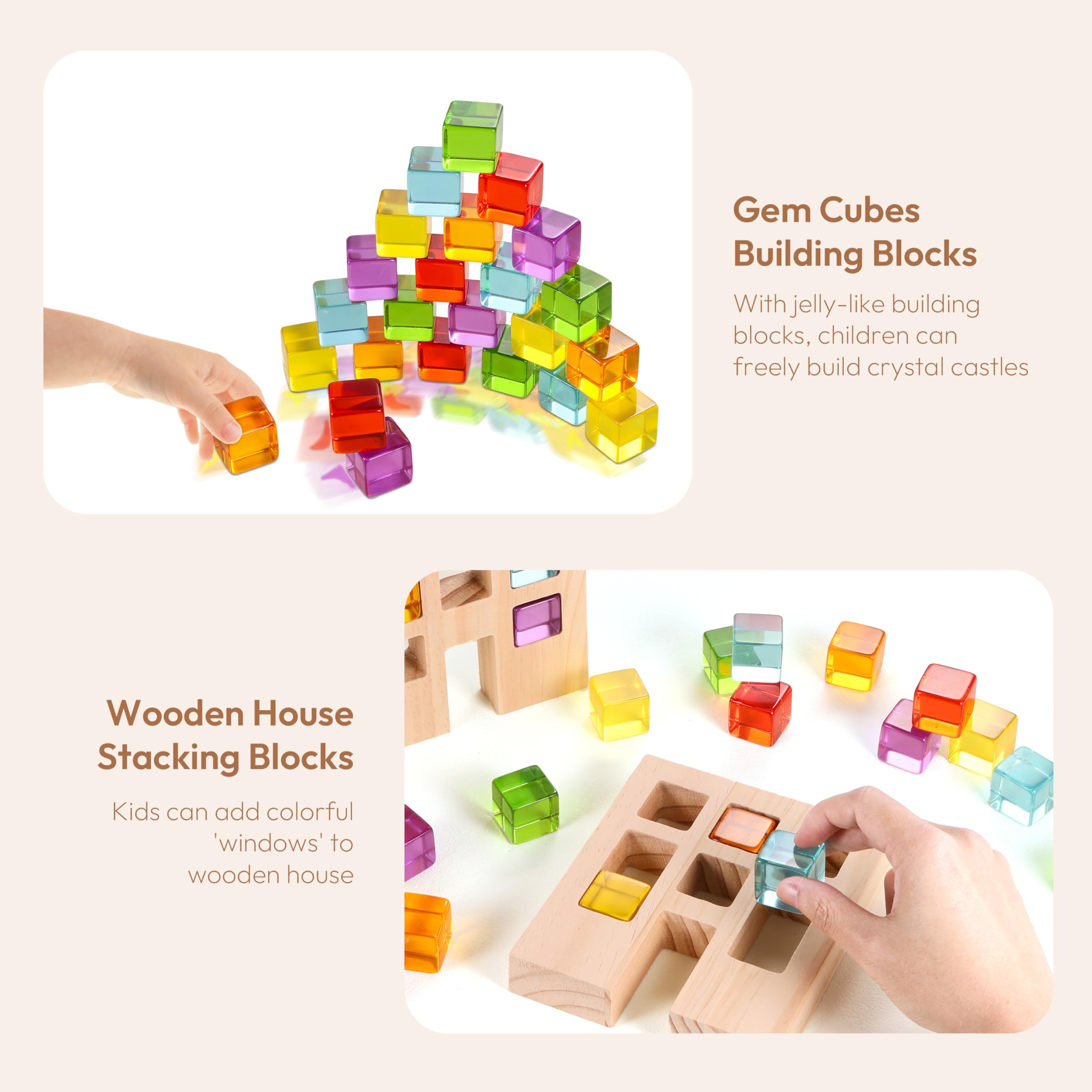 Woodtoe blocks form colorful windows in the houses during play