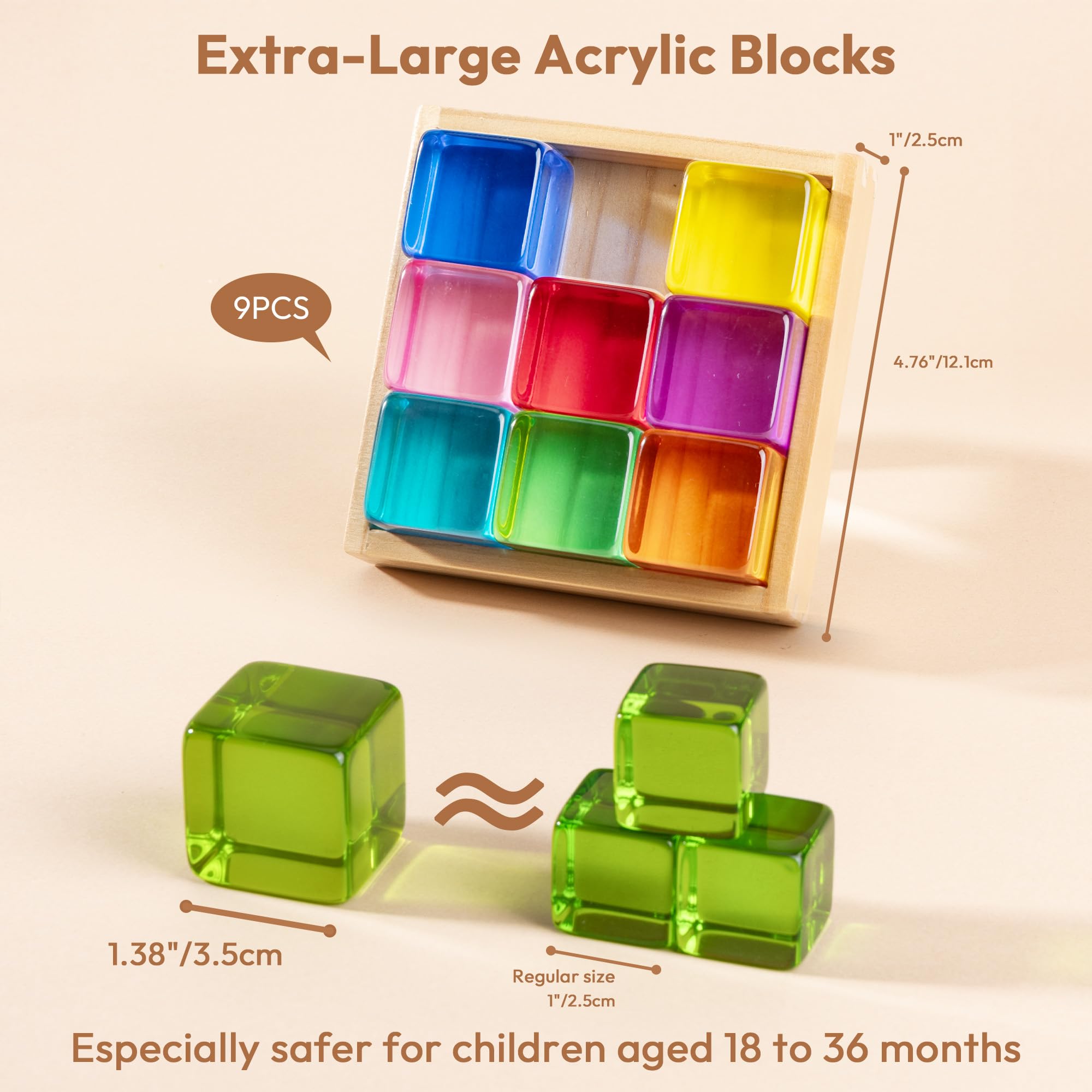 Woodtoe rainbow acrylic cubes catch sunlight, shimmering like gemstones during play.