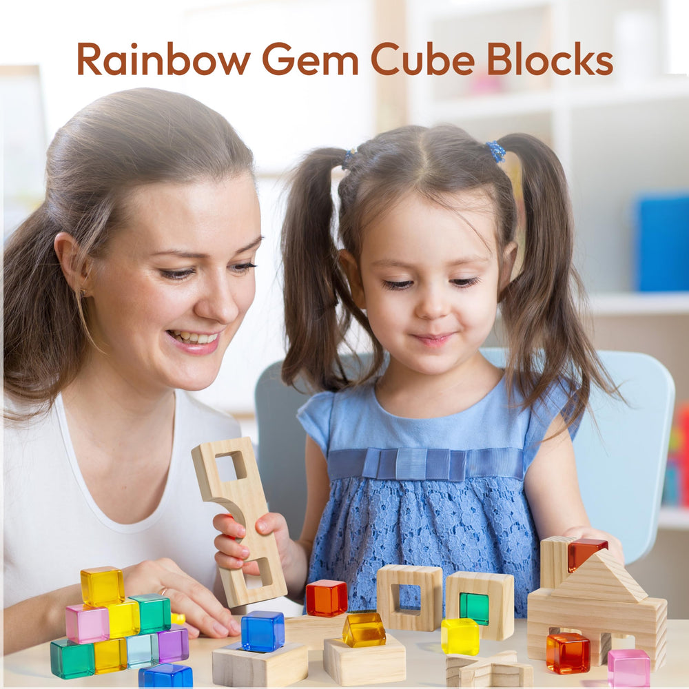 Woodtoe Rainbow Blocks: 25 gem cubes in nine colors for sensory stacking.