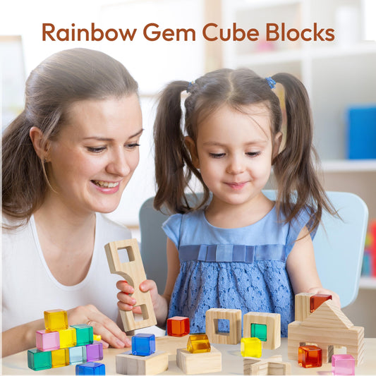 Woodtoe Rainbow Blocks: 25 gem cubes in nine colors for sensory stacking.
