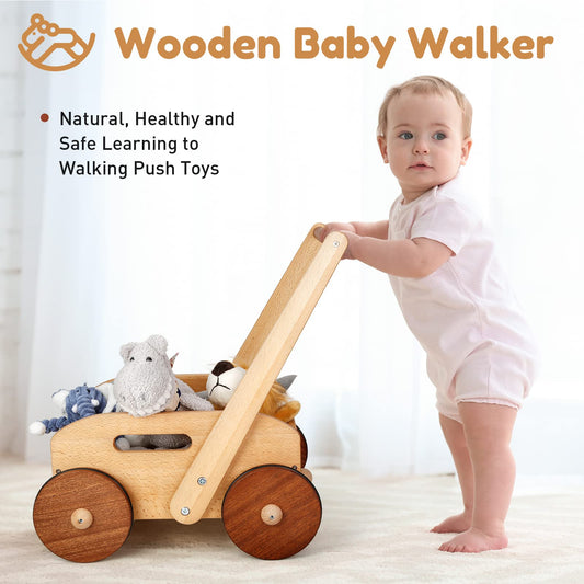 Woodtoe walker shows two safe height options for growing babies.