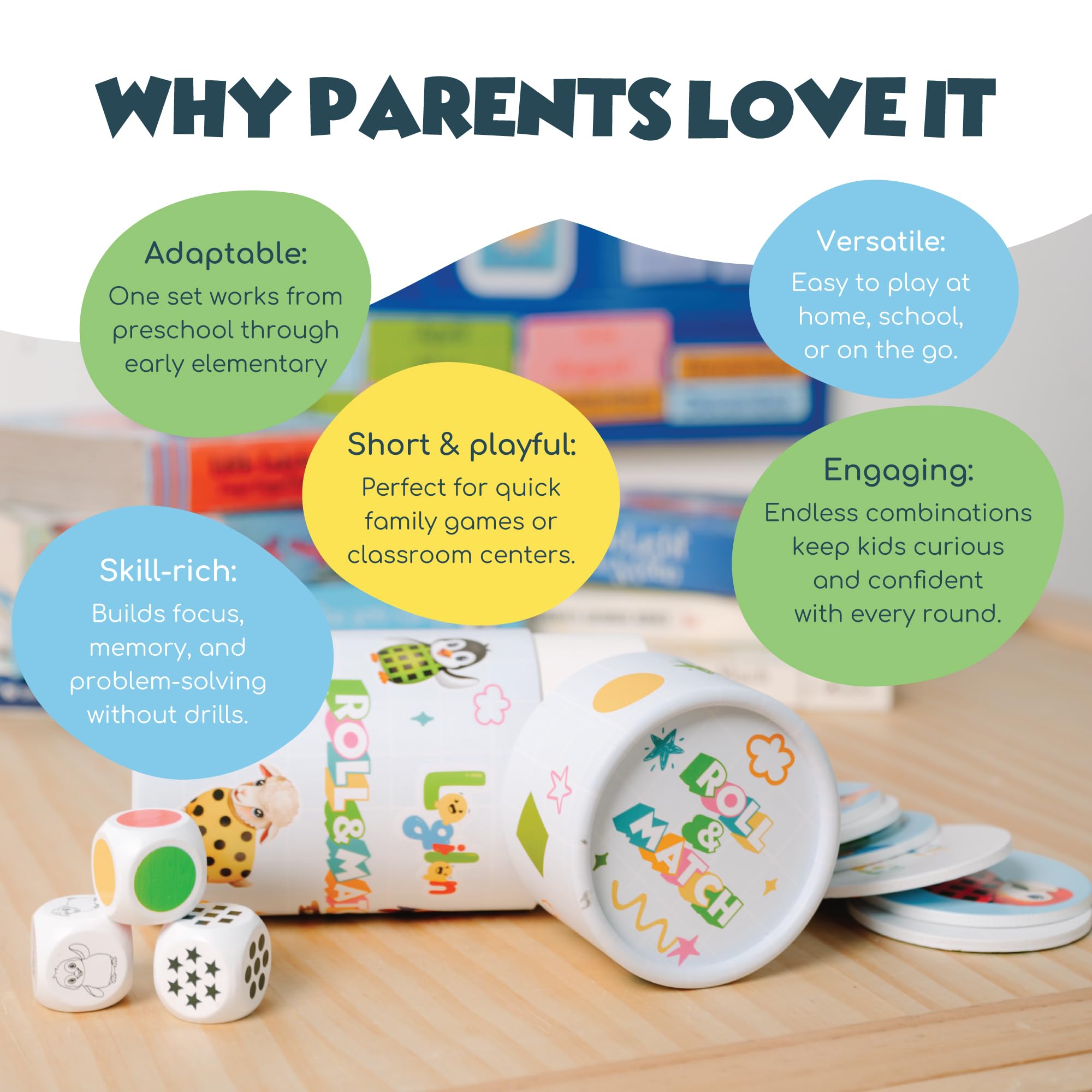 Woody Wonders Roll & Match family play in a cozy home setup