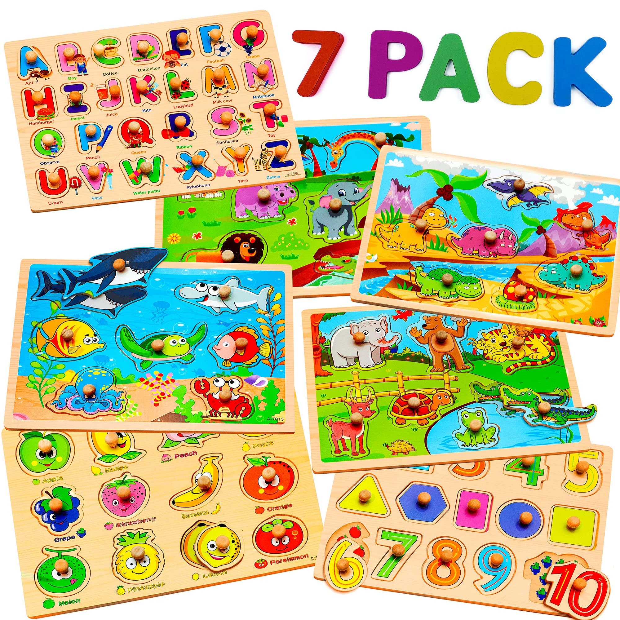 WOOODLIFY seven-pack wooden puzzles for toddlers, chunky pegs support fine motor skills and exploration.