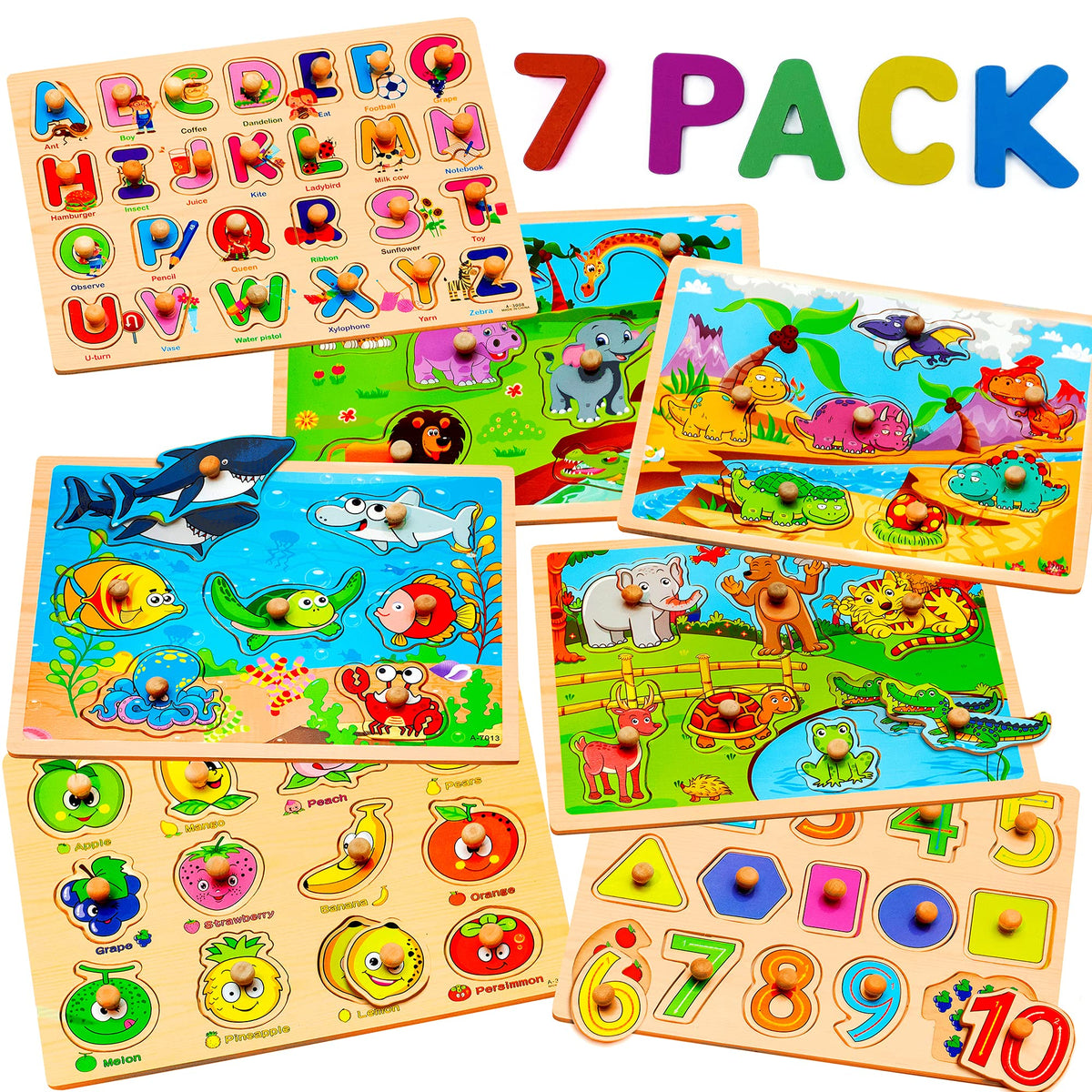 WOOODLIFY seven-pack wooden puzzles for toddlers, chunky pegs support fine motor skills and exploration.