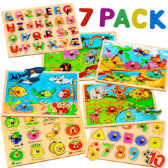 WOOODLIFY seven-pack wooden puzzles for toddlers, chunky pegs support fine motor skills and exploration.
