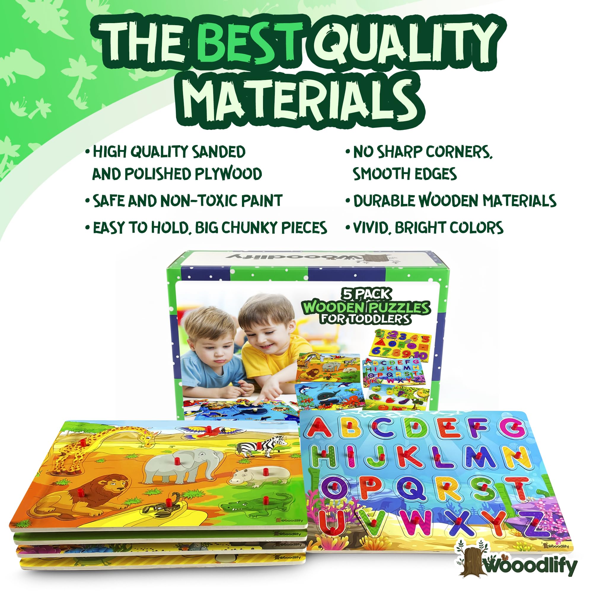 WOOODLIFY alphabet puzzle peg introduces letters with real-photo visuals for literacy readiness.