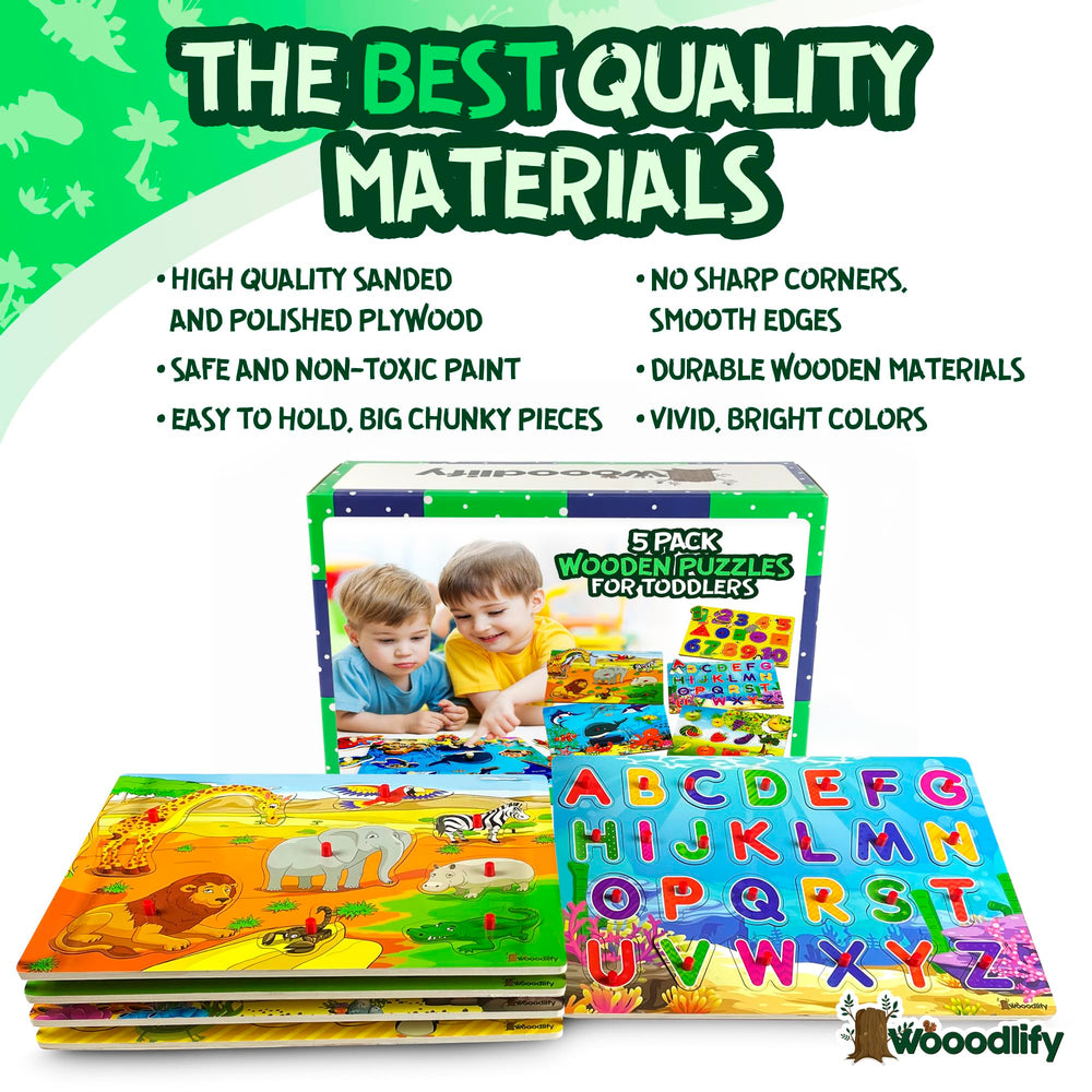WOOODLIFY alphabet puzzle peg introduces letters with real-photo visuals for literacy readiness.