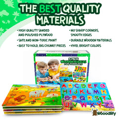 WOOODLIFY alphabet puzzle peg introduces letters with real-photo visuals for literacy readiness.