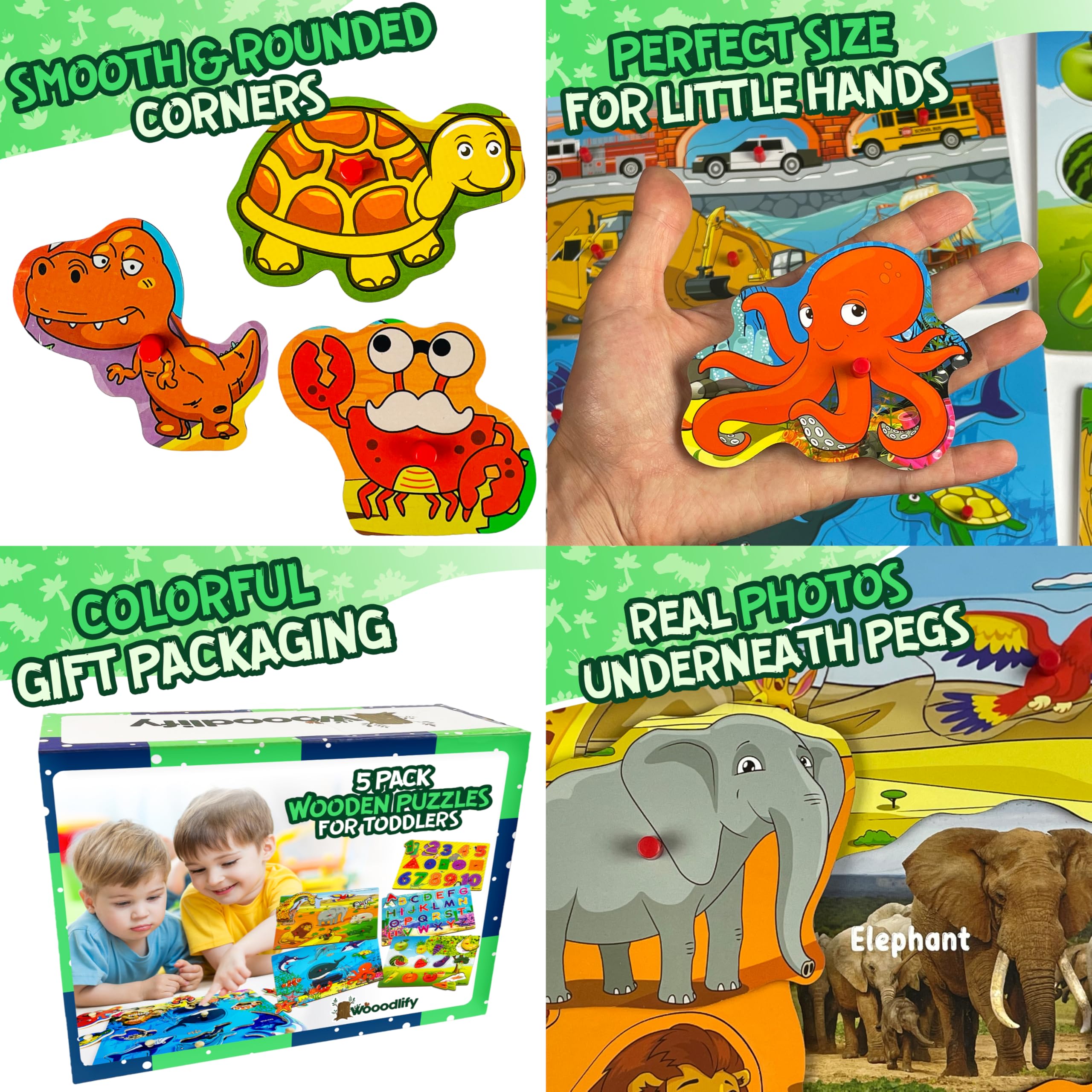 WOOODLIFY animal puzzle peg features engaging scenes to encourage cognitive matching.