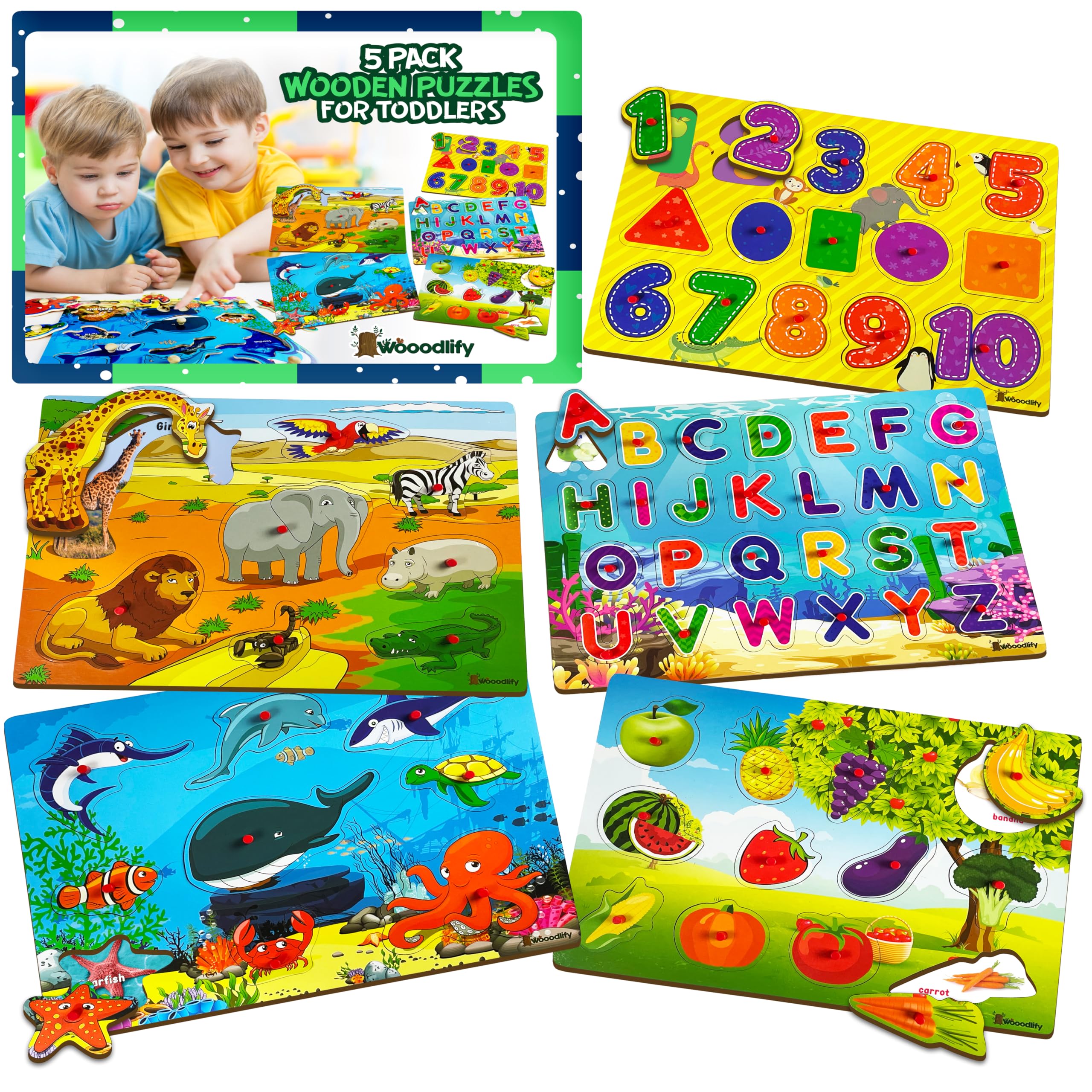 WOOODLIFY wooden fruit puzzle peg with bright colors supports shape and color recognition.