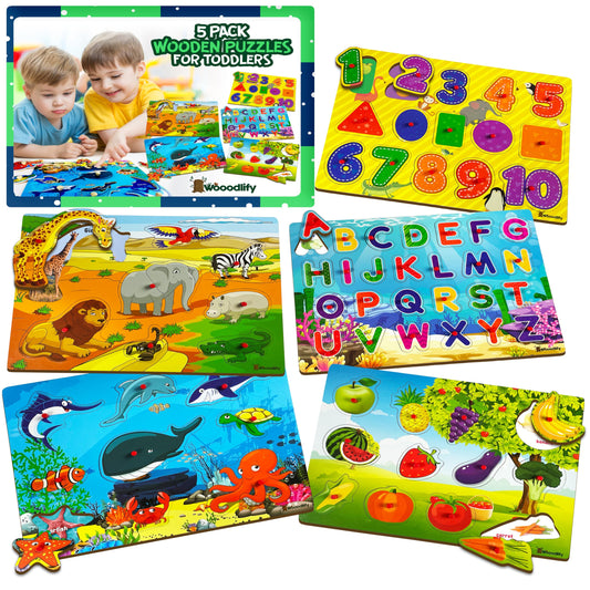 WOOODLIFY wooden fruit puzzle peg with bright colors supports shape and color recognition.