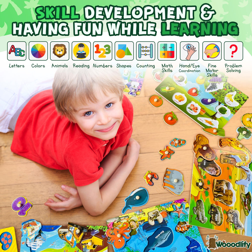 WOOODLIFY shapes puzzle peg helps hand-eye coordination during focused play.