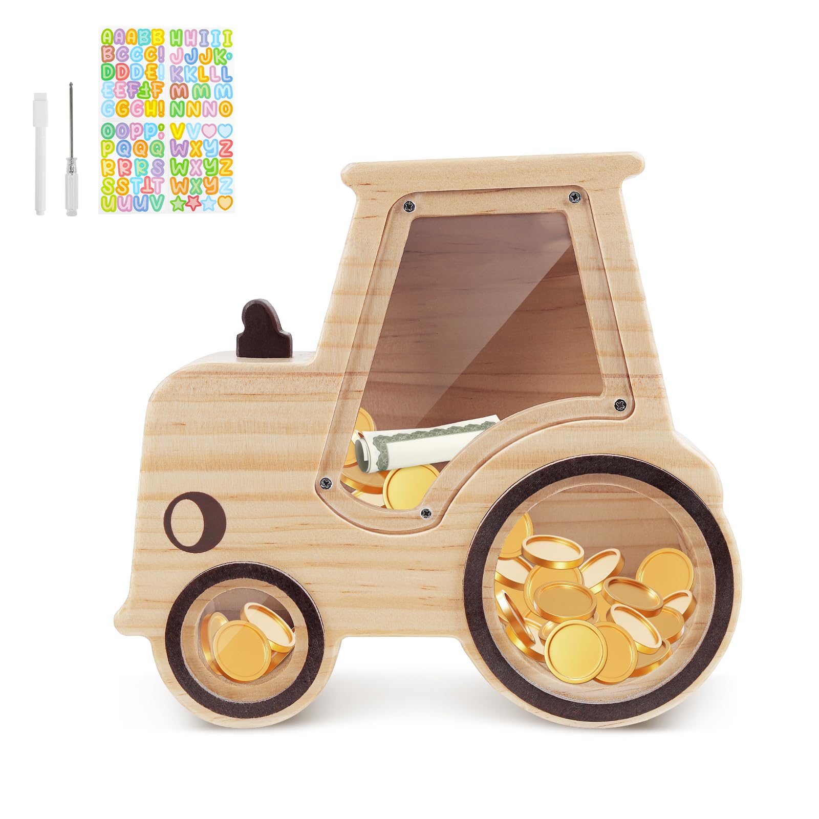 Wooshwa Tractor Piggy Bank for Kids shows playful design and savings potential.