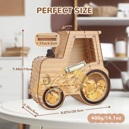 Wooshwa wooden money bank for kids highlights durable construction and visible savings growth.
