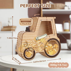 Wooshwa wooden money bank for kids highlights durable construction and visible savings growth.