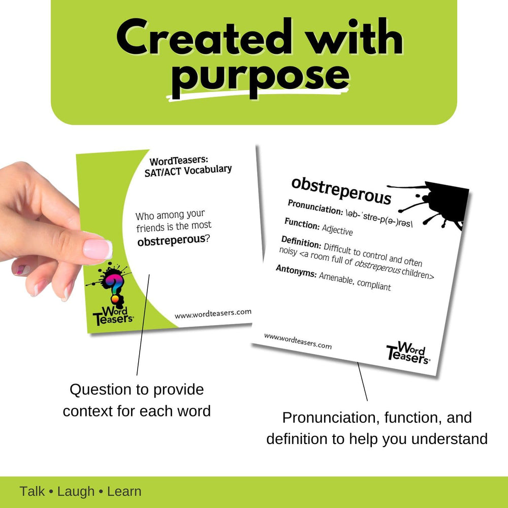 Word Teasers conversation cards enable engaging study and practical use of SAT words.