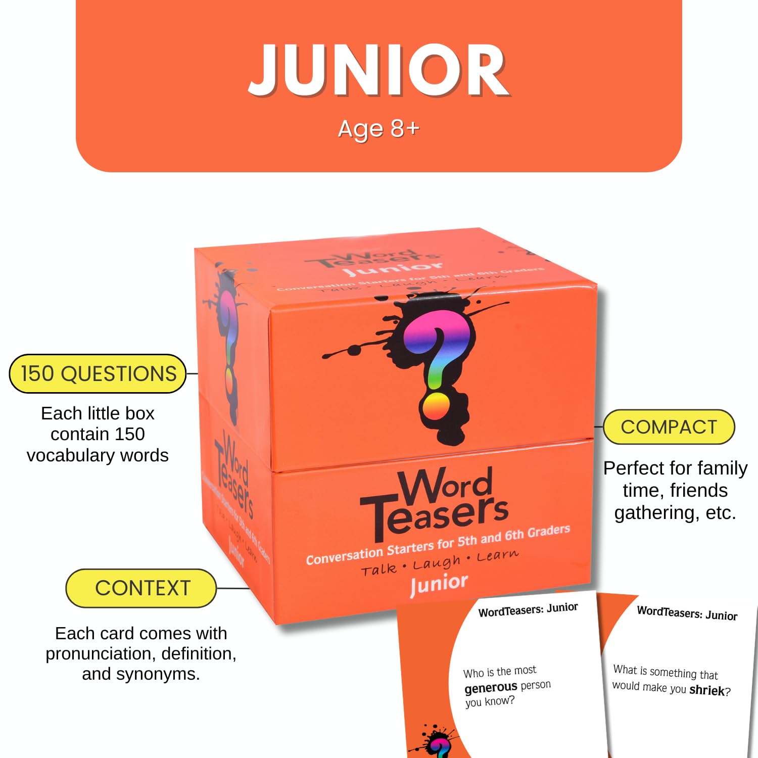Word Teasers Junior flash cards back show definitions and pronunciation for quick in-context learning.
