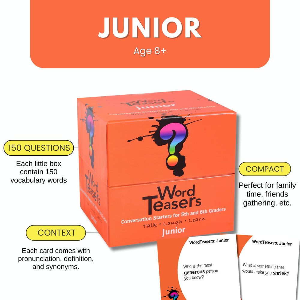 Word Teasers Junior flash cards back show definitions and pronunciation for quick in-context learning.