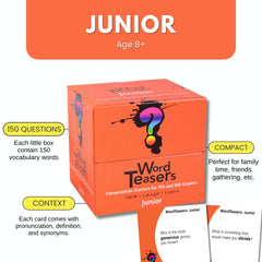 Word Teasers Junior flash cards back show definitions and pronunciation for quick in-context learning.